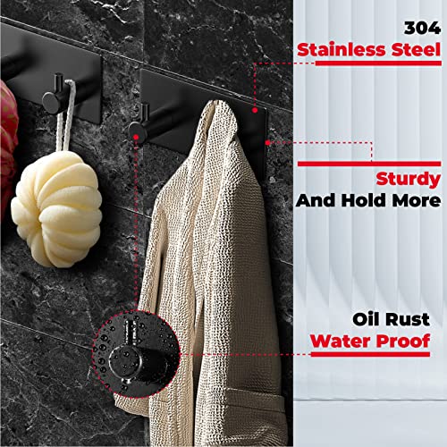 ARIOSOX 2-Packs Heavy Duty Adhesive Hooks, Stainless Steel Robe Hooks for Towels, Shower Cap and Towel Robe, Closet Hook Wall Mount for Home, Kitchen, RV,Bathroom,Office (Black)