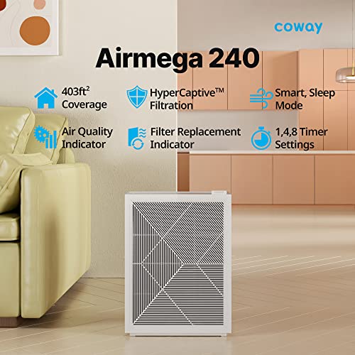 Coway Airmega 240 True HEPA Air Purifier with Air Quality Monitoring, Auto, and Filter Indicator, Dove White