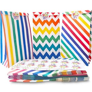 30 pack rainbow party favor bags, goodie bags for kids with stickers, vivid stripes chevron paper treat bags, food safe, biodegradable for party supplies, school lunches, baby shower, birthday parties (3 designs)
