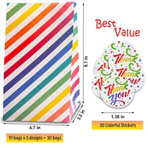 30 Pack Rainbow Party Favor Bags, Goodie Bags for Kids with Stickers, Vivid Stripes Chevron Paper Treat Bags, Food Safe, Biodegradable for Party Supplies, School Lunches, Baby Shower, Birthday Parties (3 Designs)