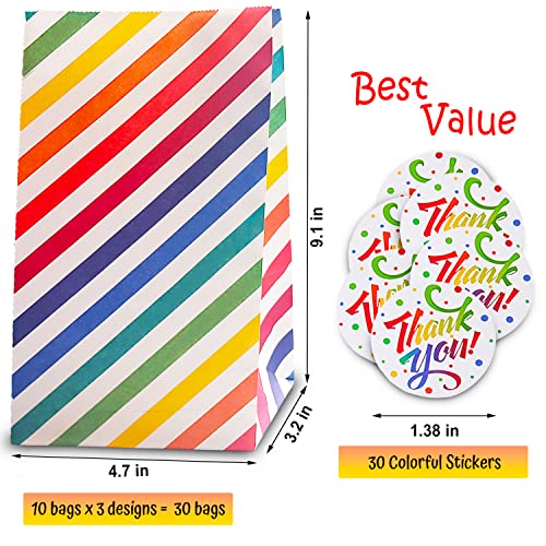 30 Pack Rainbow Party Favor Bags, Goodie Bags for Kids with Stickers, Vivid Stripes Chevron Paper Treat Bags, Food Safe, Biodegradable for Party Supplies, School Lunches, Baby Shower, Birthday Parties (3 Designs)