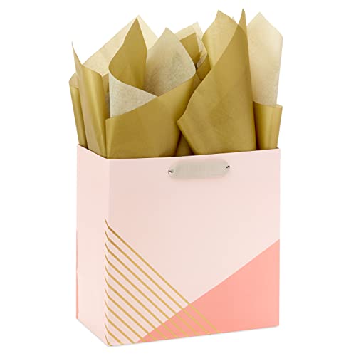 Hallmark Signature Studio 7" Medium Square Gift Bag with Tissue Paper (Coral, Blush Pink, Gold Stripes) for Birthdays, Bridal Showers, Weddings, Baby Showers, Galentines