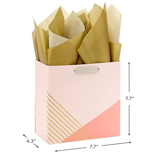 Hallmark Signature Studio 7" Medium Square Gift Bag with Tissue Paper (Coral, Blush Pink, Gold Stripes) for Birthdays, Bridal Showers, Weddings, Baby Showers, Galentines