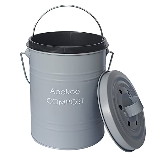 Abakoo Stainless Steel Compost Bin - Premium Grade 304 Stainless Steel Kitchen Composter - Includes 4 Charcoal Filter, Indoor Countertop Kitchen Recycling Bin Pail (1.0 Gallon (Gray))