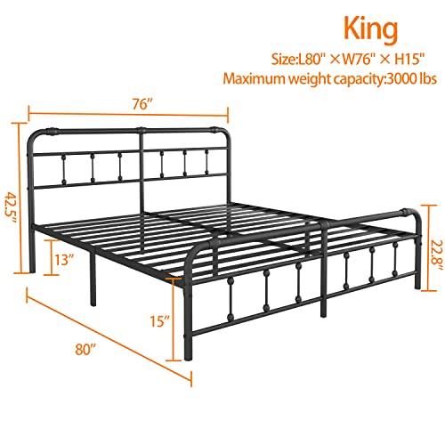 Debercu King-Size-Bed-Frame with-Headboard and Footboard - No Box Spring Need,Victorian Vintage Heavy Duty Metal Platform Mattress Foundation(Black)