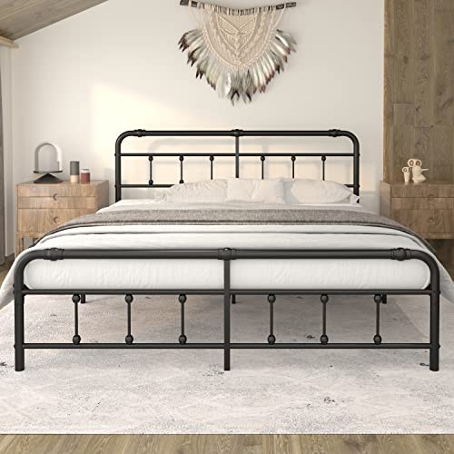 Debercu King-Size-Bed-Frame with-Headboard and Footboard - No Box Spring Need,Victorian Vintage Heavy Duty Metal Platform Mattress Foundation(Black)