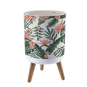 small trash can with lid for bathroom kitchen office diaper beach cheerful seamless tropical dark green leaves palm trees flowers bedroom garbage trash bin dog proof waste basket cute decorative