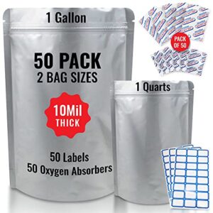 50 mylar bags for food storage with oxygen absorbers - 25 1 gallon 10''x14'' - 25 1 quarts 6''x9''- 25 500cc 25 300cc oxygen absorbers - 10 mil super thick - long term storage vacuum seal ziploc