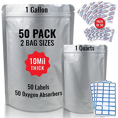 50 Mylar Bags for Food Storage with Oxygen Absorbers - 25 1 Gallon 10''x14'' - 25 1 Quarts 6''x9''- 25 500CC 25 300CC Oxygen Absorbers - 10 Mil Super Thick - Long Term Storage Vacuum Seal Ziploc