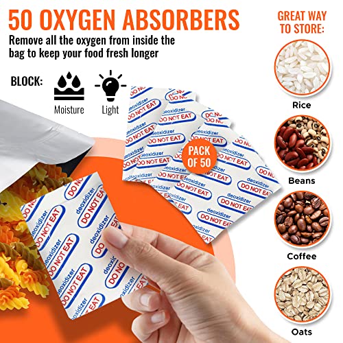 50 Mylar Bags for Food Storage with Oxygen Absorbers - 25 1 Gallon 10''x14'' - 25 1 Quarts 6''x9''- 25 500CC 25 300CC Oxygen Absorbers - 10 Mil Super Thick - Long Term Storage Vacuum Seal Ziploc