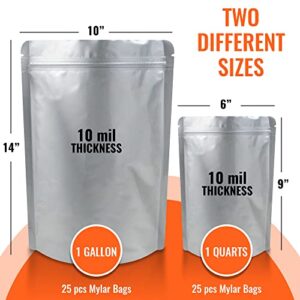 50 Mylar Bags for Food Storage with Oxygen Absorbers - 25 1 Gallon 10''x14'' - 25 1 Quarts 6''x9''- 25 500CC 25 300CC Oxygen Absorbers - 10 Mil Super Thick - Long Term Storage Vacuum Seal Ziploc