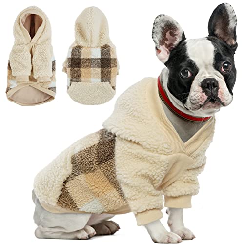 Duojoy Fleece Dog Hoodie Sweater, Coffee Buffalo Plaid Warm Dog Winter Clothes, Pullover Fuzzy Dog Clothes for Small Medium Dogs, Doggie Sweater Sweatshirt with Pockets-M