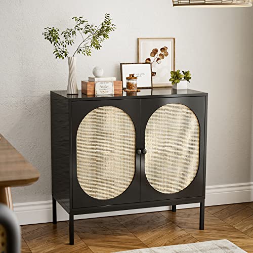 IKIFLY Accent Storage Cabinet with Handmade Natural Rattan Doors, Rattan Sideboard Buffet Cabinet, Kitchen Cupboard Server Console Table for Dining Room, Living Room, Bedroom, Hallway - Black