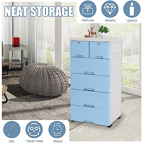 CeRaBuRET 6 Drawers Storage Plastic Dresser, Plastic Chest of Drawers, Kid Dresser Storage Organizer with Wheels, Suitable for Bedrooms,19.7" W x 13.8" D x 40" H (Blue)