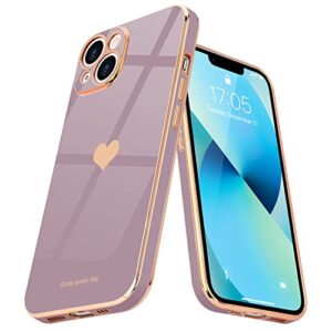 teageo compatible with iphone 13 case for girl women cute love-heart luxury bling plating soft back cover raised camera protection bumper silicone shockproof phone case for iphone 13, lavender