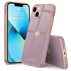 Teageo Compatible with iPhone 13 Case for Girl Women Cute Love-Heart Luxury Bling Plating Soft Back Cover Raised Camera Protection Bumper Silicone Shockproof Phone Case for iPhone 13, Lavender