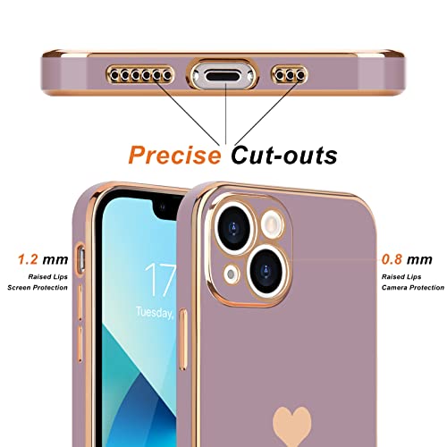 Teageo Compatible with iPhone 13 Case for Girl Women Cute Love-Heart Luxury Bling Plating Soft Back Cover Raised Camera Protection Bumper Silicone Shockproof Phone Case for iPhone 13, Lavender