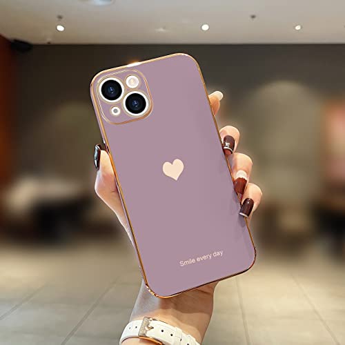 Teageo Compatible with iPhone 13 Case for Girl Women Cute Love-Heart Luxury Bling Plating Soft Back Cover Raised Camera Protection Bumper Silicone Shockproof Phone Case for iPhone 13, Lavender