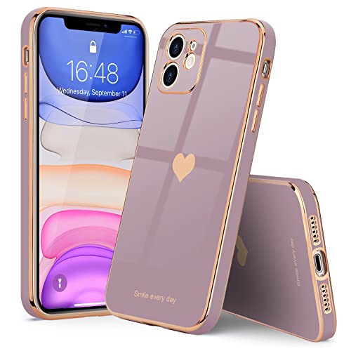 Teageo Compatible with iPhone 11 Case for Girl Women Cute Love-Heart Luxury Bling Plating Soft Back Cover Raised Camera Protection Bumper Silicone Shockproof Phone Case for iPhone 11, Lavender
