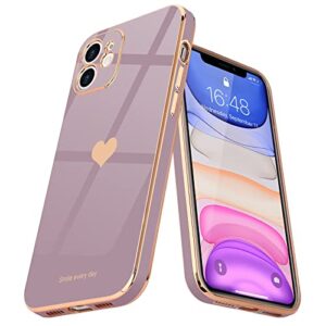 teageo compatible with iphone 11 case for girl women cute love-heart luxury bling plating soft back cover raised camera protection bumper silicone shockproof phone case for iphone 11, lavender
