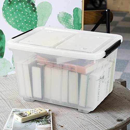 Bringer 30 L Clear Plastic Storage Box, 4-Pack Large Wheeled Storage Bin with lid