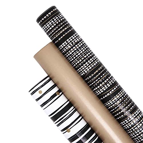 Wrapping Paper Roll(Mini Roll/3Roll),3 Different Gold Black Design Suitable for birthday, wedding gift packaging -17 inch X 120 inch Per roll