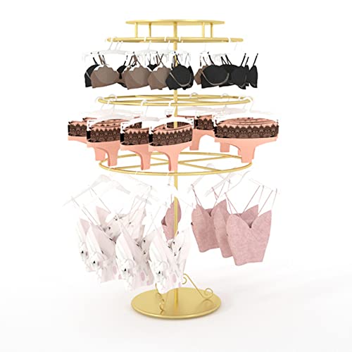 Simple Commercial Grade Clothing Modern Garment Rack, Lingerie store shelf golden display rack, Floor stand round 3-layer rotatable Nakajima bra panty rack, For hanging underwear, panties, scarves