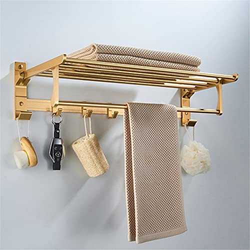 WANLIAN Towel Rack for Bathroom Adjustable 20 Inch Dual Towel Shelf with Double Bar Wall Mounted Stainless Steel Bath Towel Shelf Rack with Hooks Hotel Style Brass Gold (Gold)