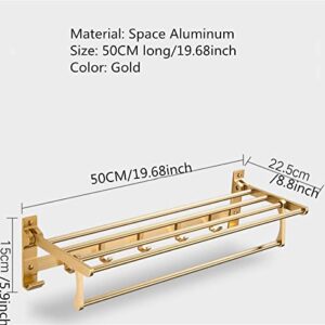 WANLIAN Towel Rack for Bathroom Adjustable 20 Inch Dual Towel Shelf with Double Bar Wall Mounted Stainless Steel Bath Towel Shelf Rack with Hooks Hotel Style Brass Gold (Gold)