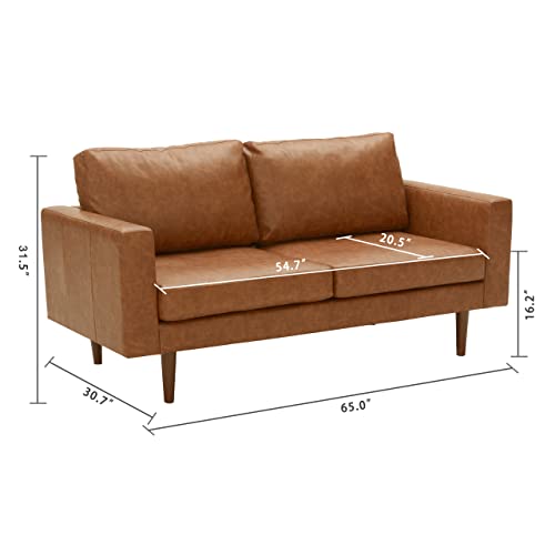 Kingfun 65" W Faux Leather Loveseat Sofa Couch, Love Seat Sofas and Couches for Living Room Bedroom Office and Small Spaces, Mid Century Modern Decor Love Seats Furniture with Solid Wood Leg,Brown