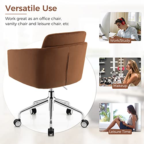 Giantex Home Leisure Chair, Height Adjustable Swivel Desk Chair, Ergonomic Mid-Back Chair w/Metal Base, Office Arm Chair, Modern Vanity Chair, Rolling Task Chair for Bedroom Study (Brown)