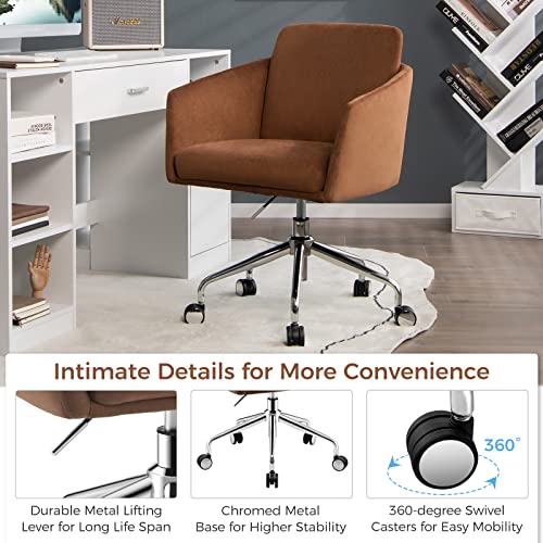 Giantex Home Leisure Chair, Height Adjustable Swivel Desk Chair, Ergonomic Mid-Back Chair w/Metal Base, Office Arm Chair, Modern Vanity Chair, Rolling Task Chair for Bedroom Study (Brown)