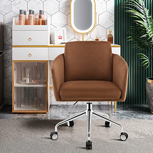 Giantex Home Leisure Chair, Height Adjustable Swivel Desk Chair, Ergonomic Mid-Back Chair w/Metal Base, Office Arm Chair, Modern Vanity Chair, Rolling Task Chair for Bedroom Study (Brown)