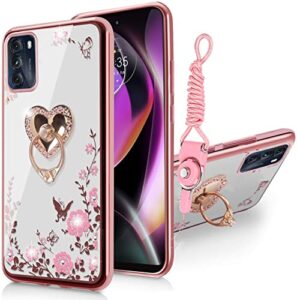 b-wishy for moto g stylus 5g 2022 case for women, glitter crystal butterfly heart floral slim tpu luxury bling cute protective cover with kickstand+strap for stylus 5g 2022