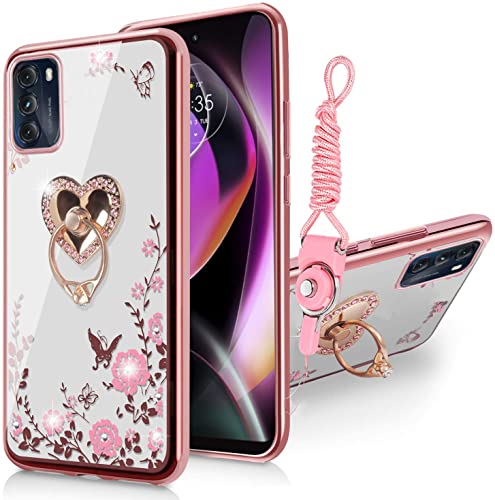 B-wishy for Moto G Stylus 5G 2022 Case for Women, Glitter Crystal Butterfly Heart Floral Slim TPU Luxury Bling Cute Protective Cover with Kickstand+Strap for Stylus 5G 2022