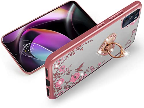 B-wishy for Moto G Stylus 5G 2022 Case for Women, Glitter Crystal Butterfly Heart Floral Slim TPU Luxury Bling Cute Protective Cover with Kickstand+Strap for Stylus 5G 2022