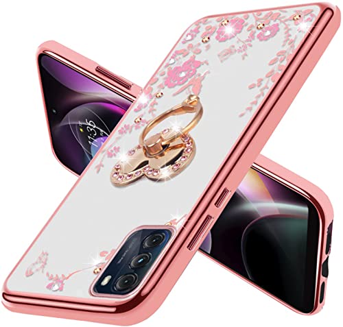 B-wishy for Moto G Stylus 5G 2022 Case for Women, Glitter Crystal Butterfly Heart Floral Slim TPU Luxury Bling Cute Protective Cover with Kickstand+Strap for Stylus 5G 2022