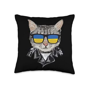 funny ukraine cat gift for men & women ukraine flag sunglasses-cool ukrainian cat throw pillow, 16x16, multicolor