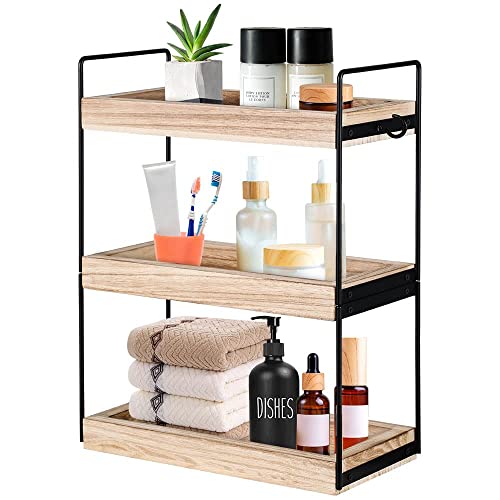 3-Tier Bathroom Countertop Organizer - Wood Bathroom Countertop Vanity Organizer Bathroom Trays for Counter, Skincare Organizer Makeup Cosmetic Holder Standing Storage Shelf, Kitchen Spice Rack