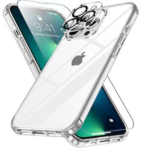 spidercase [3 in 1 designed for iphone 13 pro max case, [crystal clear not yellowing][with 2 pcs tempered glass screen protectors & 2 pcs camera lens protectors] slim thin case (silver)