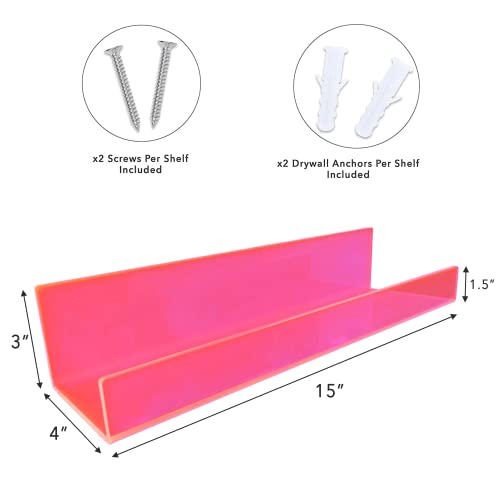 X-FLOAT Neon Pink Acrylic Floating Shelves (Wall Mounted) for Bedroom, Bathroom, Living Room or Kitchen (Set of 2)