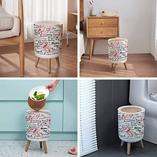 LGCZNWDFHTZ Small Trash Can with Lid for Bathroom Kitchen Office Diaper Handwriting Script Flowers Seamless Bedroom Garbage Trash Bin Dog Proof Waste Basket Cute Decorative