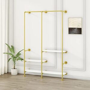 heoniture gold clothing rack with 3-tier shelves, multi-purpose heavy duty industrial pipe clothes rack, wall mounted garment hanging rods for closet and bedroom (gold)
