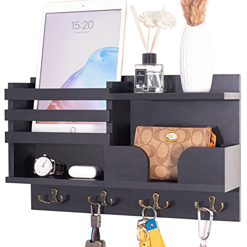 QVCILE Key Holder for Wall with Sunglasses Wallet Storage, Mail Holder Wall Mount and Dog Leash Holder with Key Racks for Wall Decor Shelf Used in Front Door or Mudroom(Black)