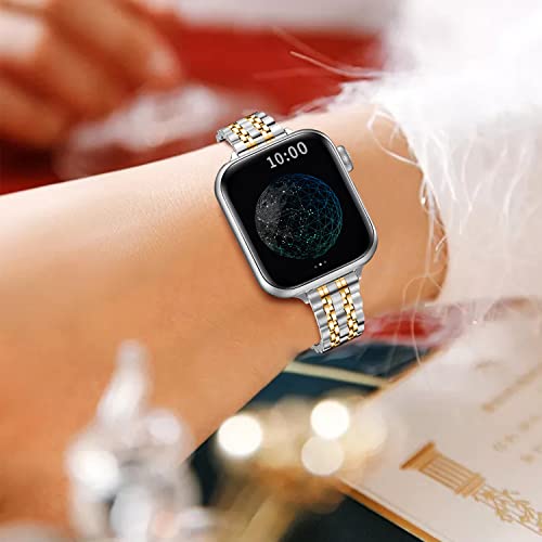 QUNDAXI Gold Apple Watch Band Compatible with Apple Watch 41mm 45mm 42mm 44mm 40mm 38mm Metal stainless steel Watchband suitable for iWatch 8/7/6/5/4/3/2/1/SE series Women Luxury strap (38mm 40mm 41mm, Silver and Gold)