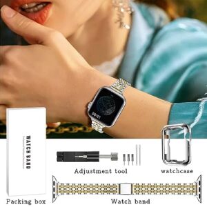QUNDAXI Gold Apple Watch Band Compatible with Apple Watch 41mm 45mm 42mm 44mm 40mm 38mm Metal stainless steel Watchband suitable for iWatch 8/7/6/5/4/3/2/1/SE series Women Luxury strap (38mm 40mm 41mm, Silver and Gold)