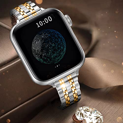 QUNDAXI Gold Apple Watch Band Compatible with Apple Watch 41mm 45mm 42mm 44mm 40mm 38mm Metal stainless steel Watchband suitable for iWatch 8/7/6/5/4/3/2/1/SE series Women Luxury strap (38mm 40mm 41mm, Silver and Gold)