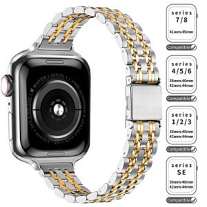 QUNDAXI Gold Apple Watch Band Compatible with Apple Watch 41mm 45mm 42mm 44mm 40mm 38mm Metal stainless steel Watchband suitable for iWatch 8/7/6/5/4/3/2/1/SE series Women Luxury strap (38mm 40mm 41mm, Silver and Gold)