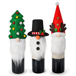 mocoosy 3pcs gnome christmas wine bottle cover toppers, christams tree snowman reindeer santa hat for wine bottle christmas table decorations, decorative felt bottle gift bags xmas holiday home decor