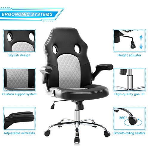 Gaming Chair Ergonomic Office Chair PU Leather Computer Chair High Back Desk Chair Adjustable Swivel Task Chair with Lumbar Support/Adjustable Armrests, White